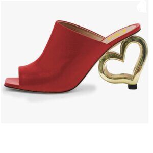 FSJ Red Wide Straps Peep Toe Mules Heart Shape High Heel Slip On Summer Slipper